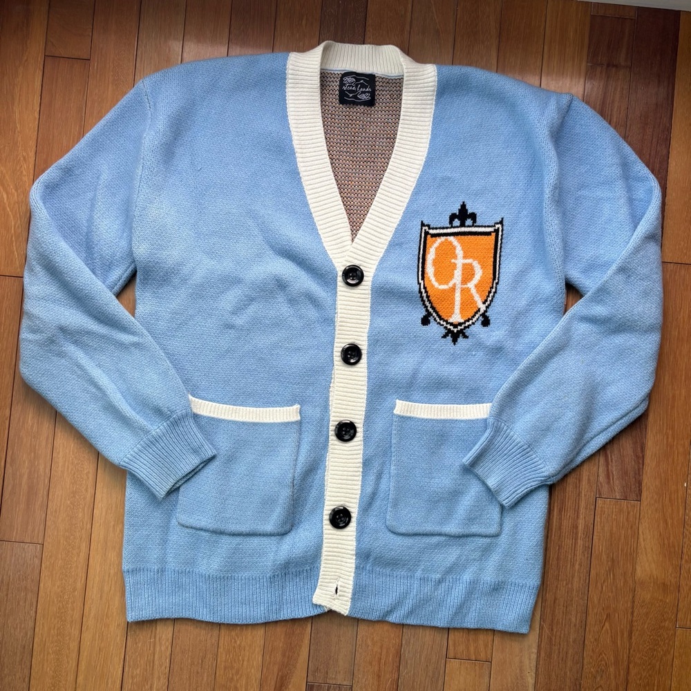 Steady Hands Blue Cream Collegiate Letterman Cardigan S/M Preppy Knit